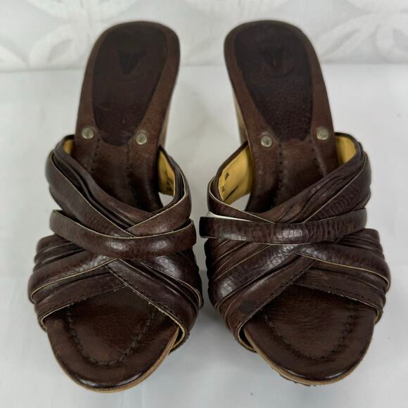Frye Brown Leather Reese Multi Slide Heels 7.5 Stacked Cone Heel Slip On Sandals - Picture 2 of 9